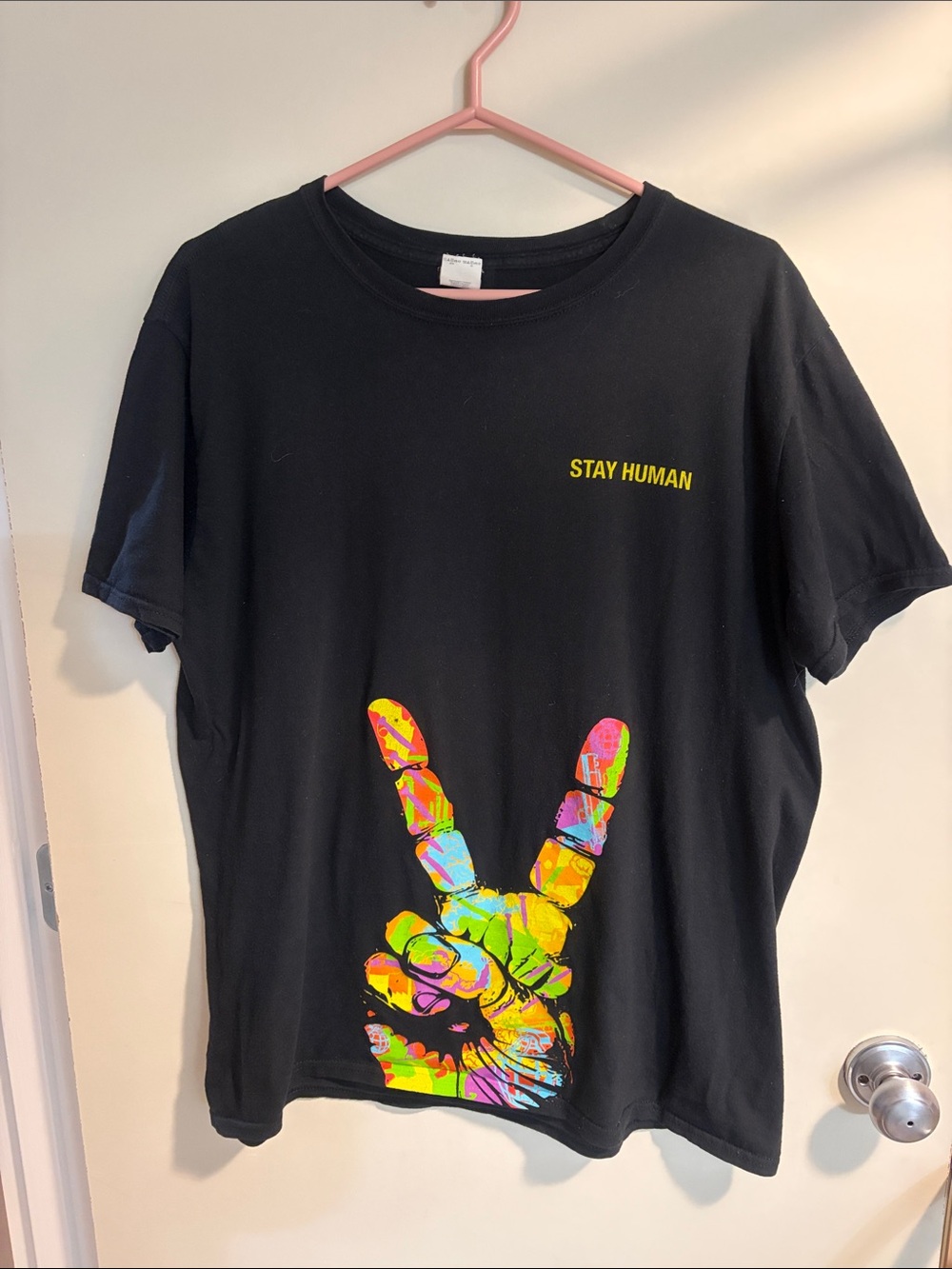 Michael Franti Stay Human Black Short Sleeve Tee with Colorful Peace Graphic